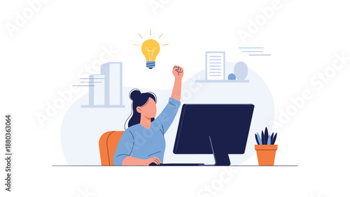 A businesswoman at her computer raises her fist in triumph as a lightbulb appears, symbolizing a great idea and success.