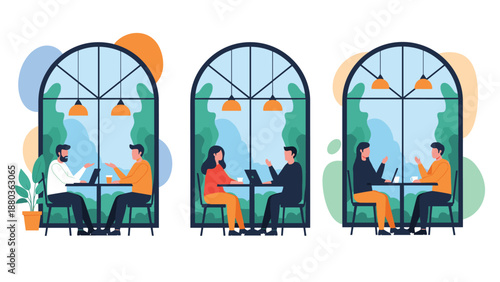 A set of three scenes showing couples having discussions and business meetings in a modern cafe with large arched windows.
