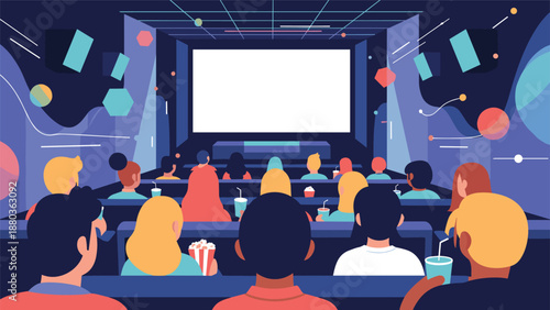 An audience of diverse people sitting in a movie theater, eating popcorn and watching a film on a large blank screen.