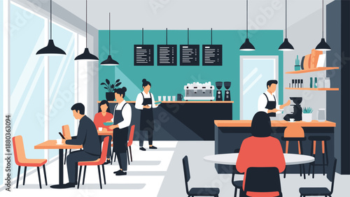 A bustling modern coffee shop with customers sitting at tables, baristas preparing drinks, and a clean, stylish interior design.