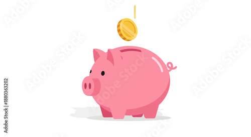 Coin being inserted into a pink piggy bank from above