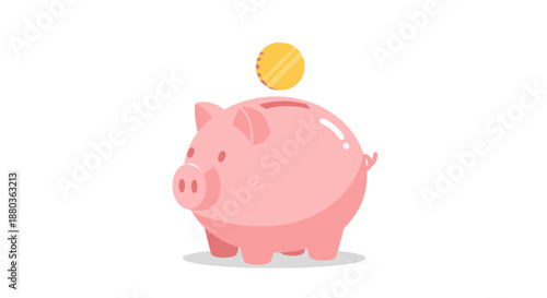 Saving Money in a Pink Piggy Bank with a Coin Falling from Above