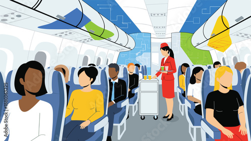 A diverse group of passengers sits inside an airplane cabin while a flight attendant serves drinks from a trolley in the aisle.