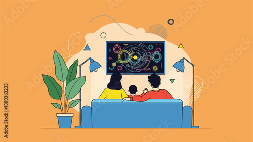 A family sits on a couch from behind, watching a vibrant, abstract program on a large television in a modern living room.