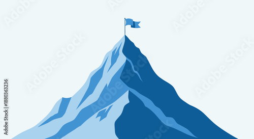 Mountain peak with a flag on top viewed from a distance in a simple illustration style
