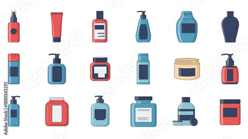 A large collection of cosmetic bottles, jars, and tubes in various shapes and sizes, perfect for beauty product mockups.