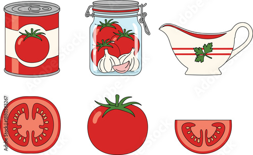 Tomato food illustration set, fresh whole sliced tomato, canned jar sauce gravy boat, kitchen ingredients, flat vector design