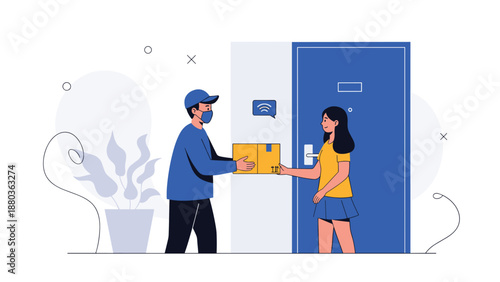 A delivery man wearing a face mask safely hands a package to a woman at her front door, representing contactless delivery.