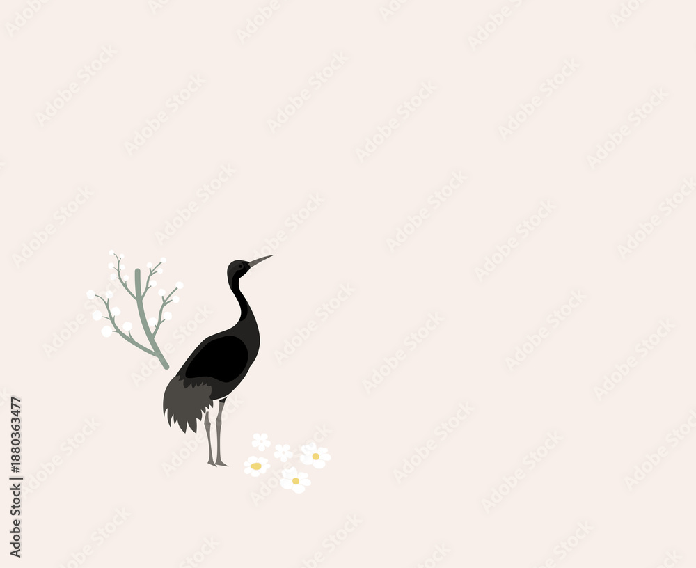 Obraz premium Minimal Crane Illustration with Soft Spring Flowers and Branches in Gentle Pastel Mood