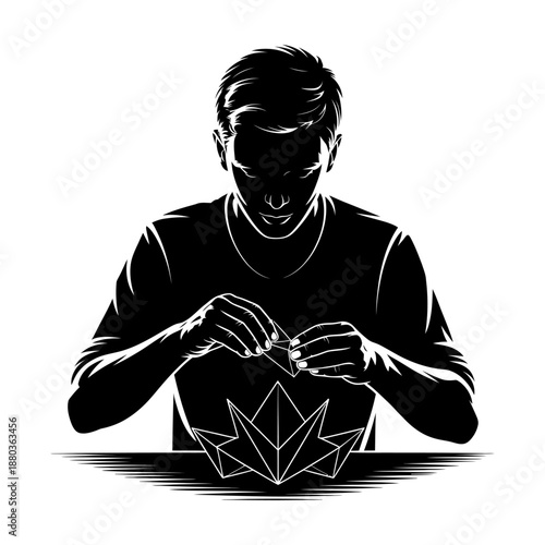 young boy creating origami paper figure with hands silhouette, crafting art hobby, black and white vector illustration on white background