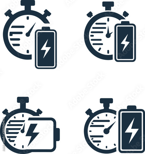 Battery charge and stopwatch icon concept representing charging time, power duration, energy saving, or fast charging technology