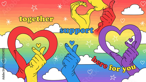Diverse hands in vibrant rainbow colors forming heart shapes and korean finger hearts symbolizing love support and unity set against a dreamy cloud filled sky with sparkling stars and uplifting words