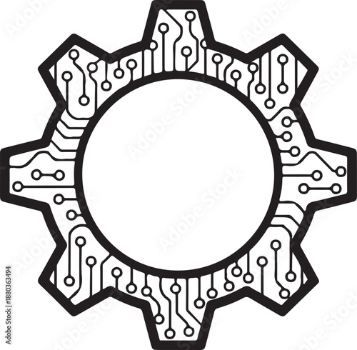 Black gear icon featuring internal circuitry pattern demonstrating mechanical engineering meeting digital technology and automated mechanisms
