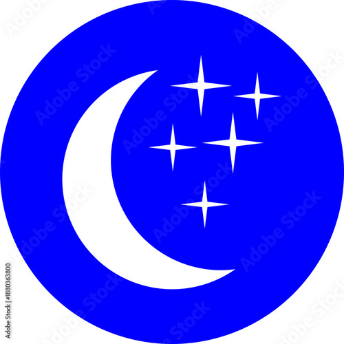 Moon and Sparkle Stars Icon on Blue Circle: Professional Nighttime Sky Vector Button for Sleep Apps, Weather UI and Evening Forecast Graphics