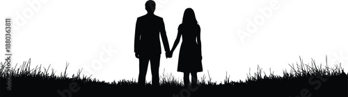 Couple holding hands silhouette standing on grass, love relationship concept, togetherness and commitment, minimal nature background illustration