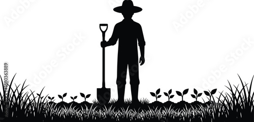 Farmer standing with shovel silhouette, agriculture worker portrait, rural farming lifestyle, soil cultivation concept, outdoor nature illustration