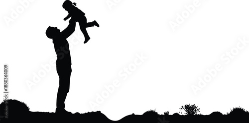 Happy father lifting child silhouette outdoors, loving family moment, parenthood and bonding concept, minimal nature background illustration