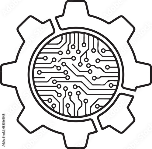 Industrial technology gear icon representing engineering systems development for mechanical hardware automation with digital circuit board integration line