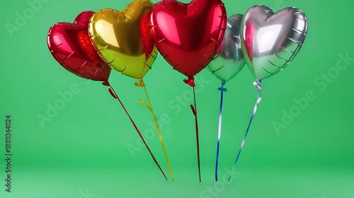 Heart-Shaped Balloons in Vibrant Colors with Shiny Finish on Green Background for Party Decoration
