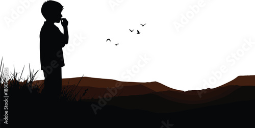 Lonely boy silhouette standing on hill, thoughtful child watching flying birds, minimal landscape illustration, freedom, hope, solitude concept