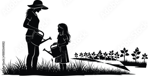 Mother and daughter gardening together silhouette, family bonding activity, outdoor plant watering scene, nature care concept illustration