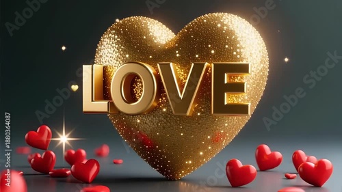 Golden Heart with LOVE Text in Glittering Style with Warm Lighting on Dark Background for Valentines Day