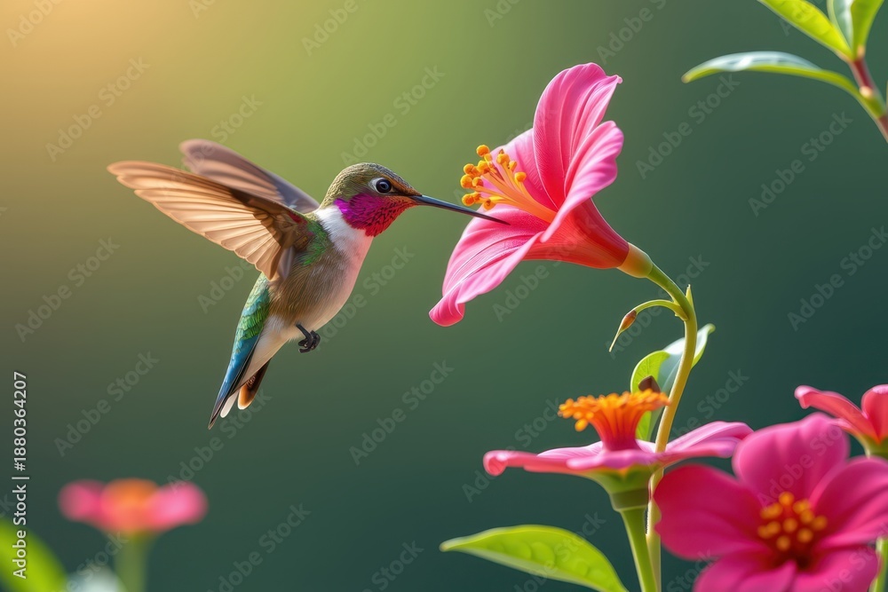 Fototapeta premium A vibrant hummingbird hovers near a pink flower, showcasing its iridescent feathers and delicate wings in a lush, colorful setting.