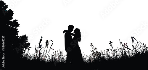 Romantic couple silhouette embracing in meadow, love and relationship concept, emotional connection, minimal nature background, sunset mood illustration