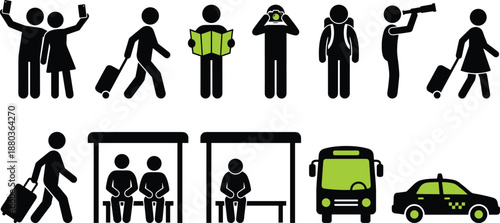 Travel people pictogram icons set, tourism activities, transportation symbols, map navigation, luggage, bus taxi silhouettes, modern infographic vector