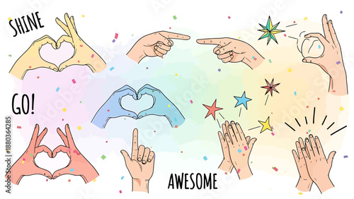Collection of diverse hand gestures and symbols conveying positive emotions like appreciation encouragement and success set against a vibrant celebratory background with confetti and stars perfect