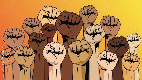 A vector graphic illustration of diverse fists raised in unity and solidarity