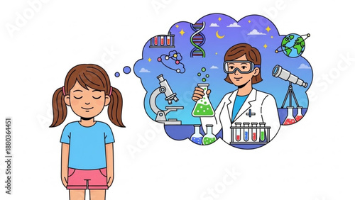 A young girl dreaming of becoming a scientist with various laboratory equipment and symbols in her thought bubble