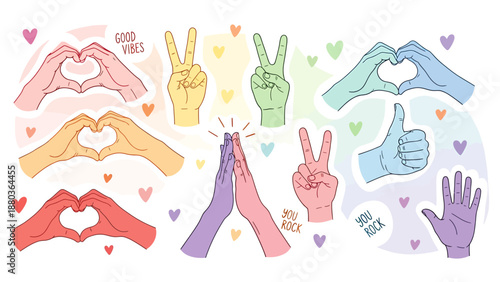 Diverse hands expressing positive emotions and gestures like peace signs thumbs up high fives and heart shapes in vibrant pastel colors symbolizing connection support and good vibes set