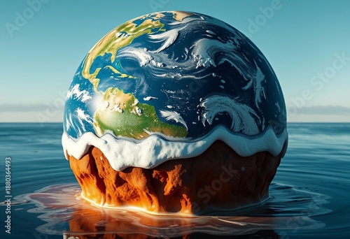 A 3d blue globe sphere reflects on calm water under a peaceful sky with clouds, showing the world map and continents from space as a concept for global nature and the environment