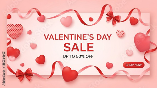 A Valentine's Day sale banner with hearts and ribbons on a pink background