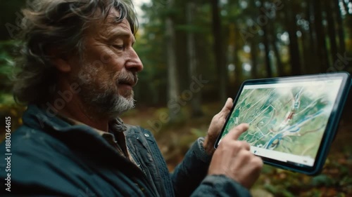 Man examining tablet displaying map in a forest setting