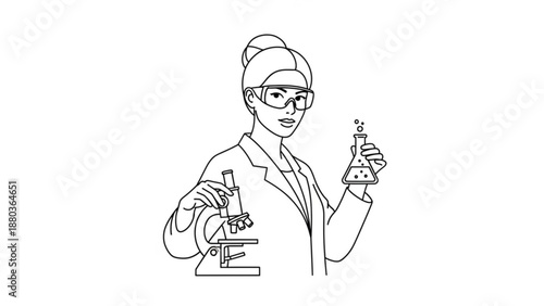 A female scientist in a lab coat holding a microscope and a beaker