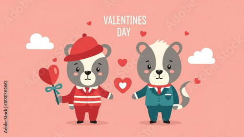A cute vector illustration of two cartoon raccoons celebrating Valentines Day