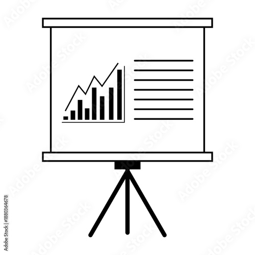 A simple line art illustration of a presentation board with a graph and text on a tripod stand, symbolizing data analysis and business meetings.