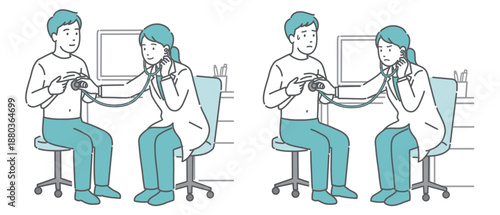 白衣の女性医師による男性患者の聴診イラストセット（正常・異常/体調不良）