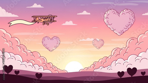 A whimsical vector illustration of a biplane flying amidst heart-shaped clouds at sunset