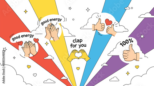 Vibrant vector illustration celebrating positive reinforcement and appreciation with clapping hands thumbs up hearts and encouraging messages like 'good energy' and 'clap for you' against a dynamic
