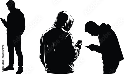 Smartphone, addiction, silhouette, people, technology, isolation, digital, device, hooded, casual, posture, screen, modern, society, mobile, distraction, urban, lifestyle, behavior, connection
