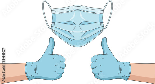 Surgical face mask, medical gloves thumbs up, healthcare safety equipment, infection control, protective gear, hygiene illustration, pandemic prevention, sterile design