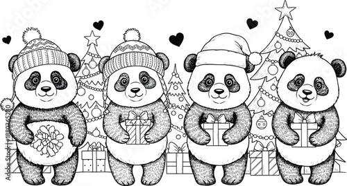 Cute panda family illustration, winter holiday characters wearing hats and sweaters, black and white line art, festive coloring book design