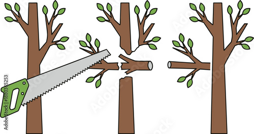 Tree pruning illustration, branch cutting, hand saw, before after process, gardening tool, green leaves, forestry art, maintenance graphic, outdoor care, nature