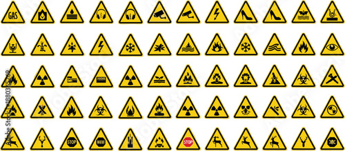 Triangular warning signs set, safety hazard icons, industrial caution symbols, yellow black signage, vector illustration, workplace alert, lab danger, construction safety