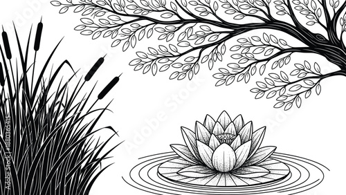 Black white floral line art illustration with lotus flower leaves branches, hand drawn botanical outline background design elegant decorative nature