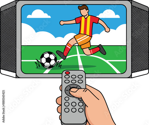 Watching soccer on TV, sports broadcast, remote control, football action, immersive viewing, home entertainment, live match, digital screen, fan experience