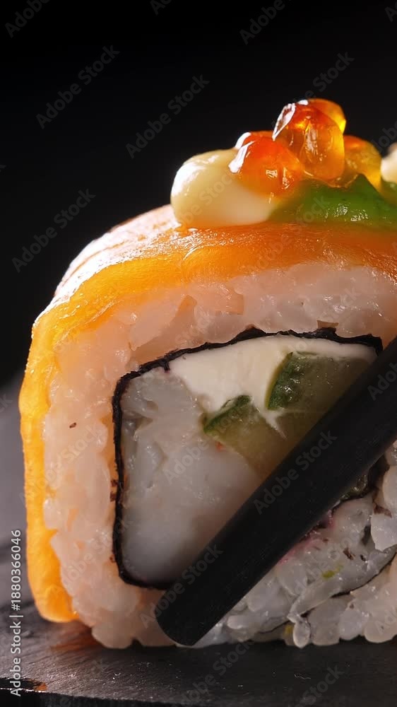 custom made wallpaper toronto digitalTake one sushi roll from black slate platter using chopsticks, Closeup. Vertical footage